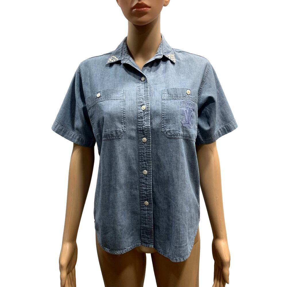 80s Sperry Top Sider Chambray Top w Rhinestone Collar Tips | XS